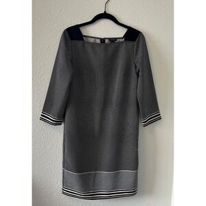 Ann Taylor Women's Shift Dress Size 0 Square Neck Black Geometric 3/4 Sleeve